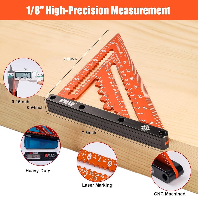 VNW 7inch Rafter Square with Carpenter Pencil, 1/8" Precision Heavy Duty Aluminum Woodworking Rule,Triangle Ruler Measuring Layout Tool (Champagne, Rafter Square) - Image 3